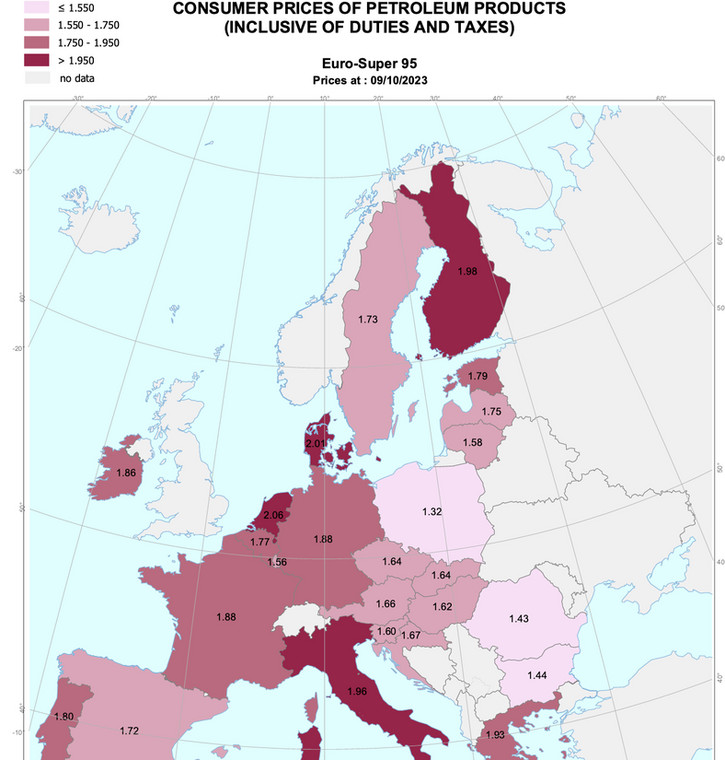 Cotygodniowy biuletyn paliwowy Komisji Europejskiej – ceny benzyny 95 na stacjach (stan na 9 października 2023 r.)