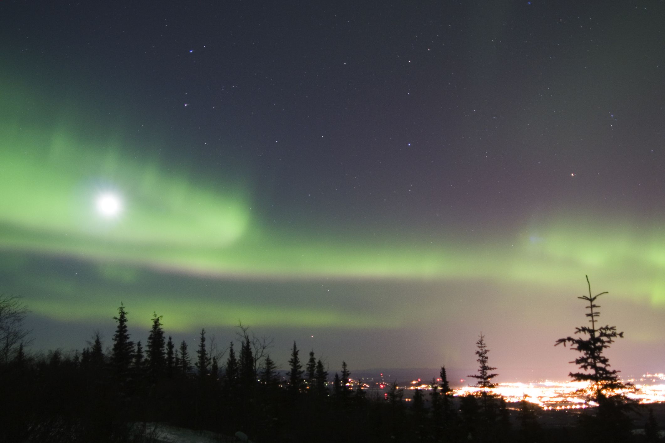 Aktywna zorza polarna nad Fairbanks na Alasce