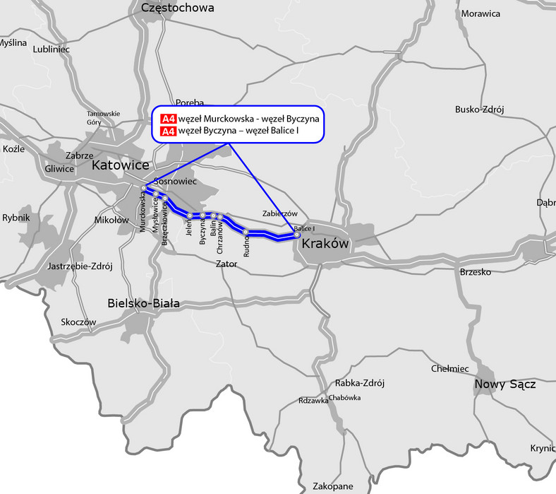 Mapa — rozbudowa autostrady A4 Murckowska — Byczyna, Byczyna — Balice I