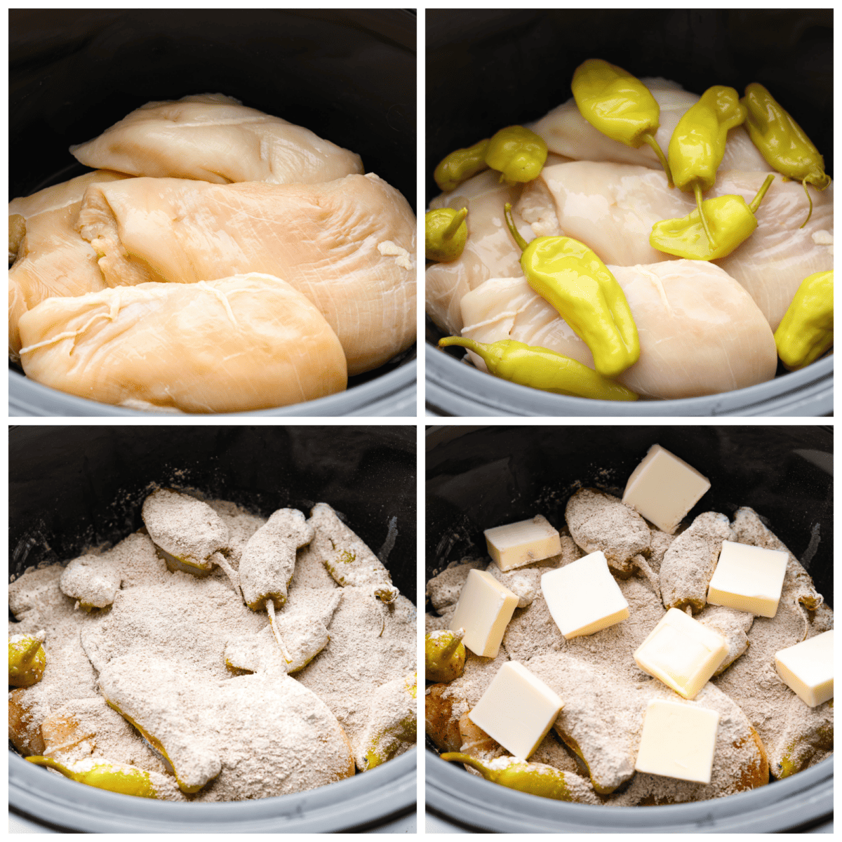 Kolaż składający się z 4 zdjęć przedstawiający piersi kurczaka dodawane do garnka Crockpot wraz z pepperoncini, przyprawami i masłem.
