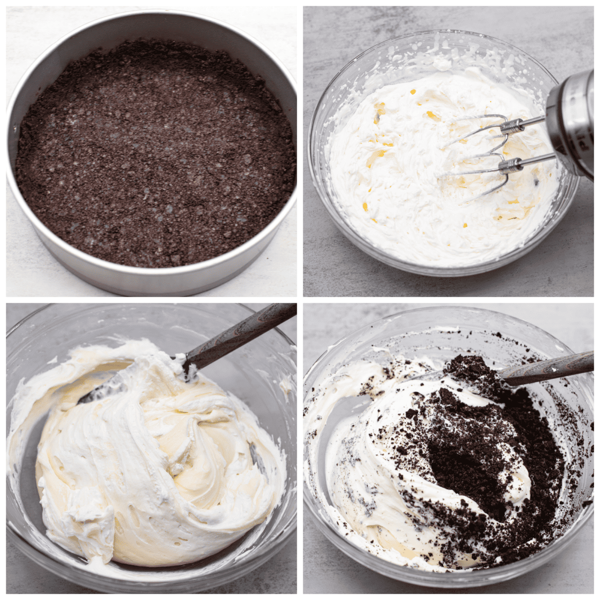 Kolaż 4 zdjęć przedstawiający przygotowywanie ciasta i nadzienia sernika.