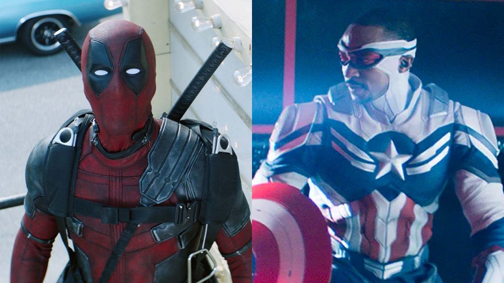 Deadpool w Deadpool 2 i Anthony Mackie przebrany za Kapitana Amerykę z Falcona i Zimowego Żołnierza