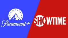 Logo Paramount Plus i SHOWTIME na niebieskim i czerwonym tle