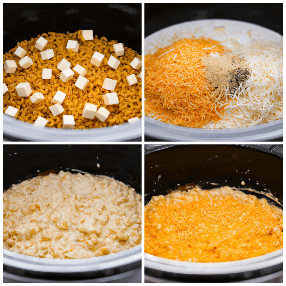 Kolaż składający się z 4 zdjęć przedstawiający składniki makaronu i sera dodawane do wolnowaru.