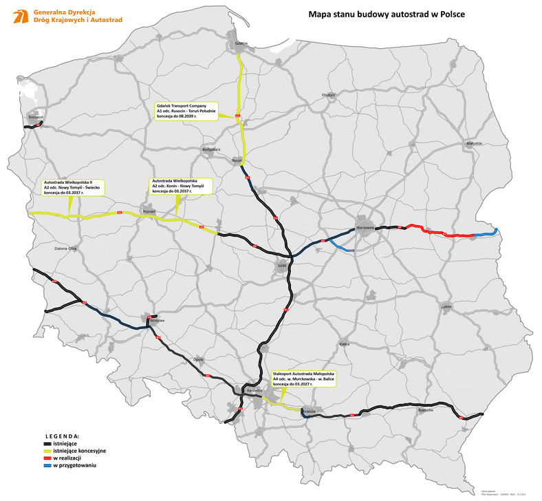 Mapa autostrad w Polsce