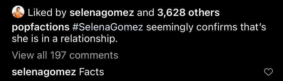 Polubienia i komentarze Seleny Gomez pod postem o tym, że nie jesteś singlem