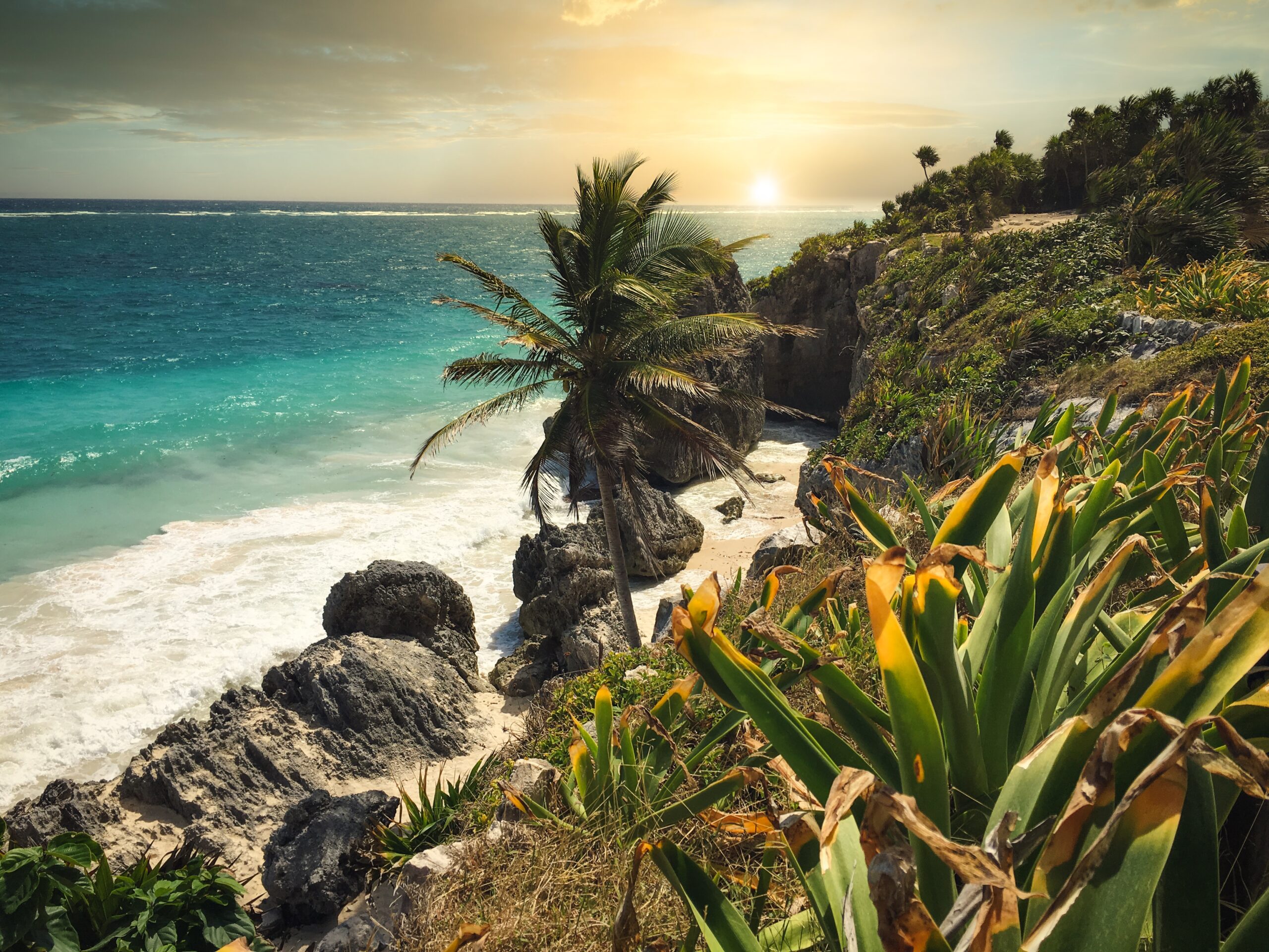 Tulum to bezpieczne miejsce w Meksyku, lubiane przez wielu podróżnych.  Na zdjęciu: bujna plaża w Tulum podczas zachodu słońca 