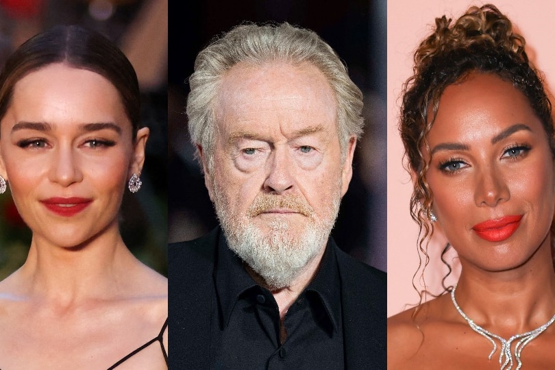 Kompozyt trzech zdjęć: uśmiechnięta Emilia Clarke, Ridley Scott i Leona Lewis
