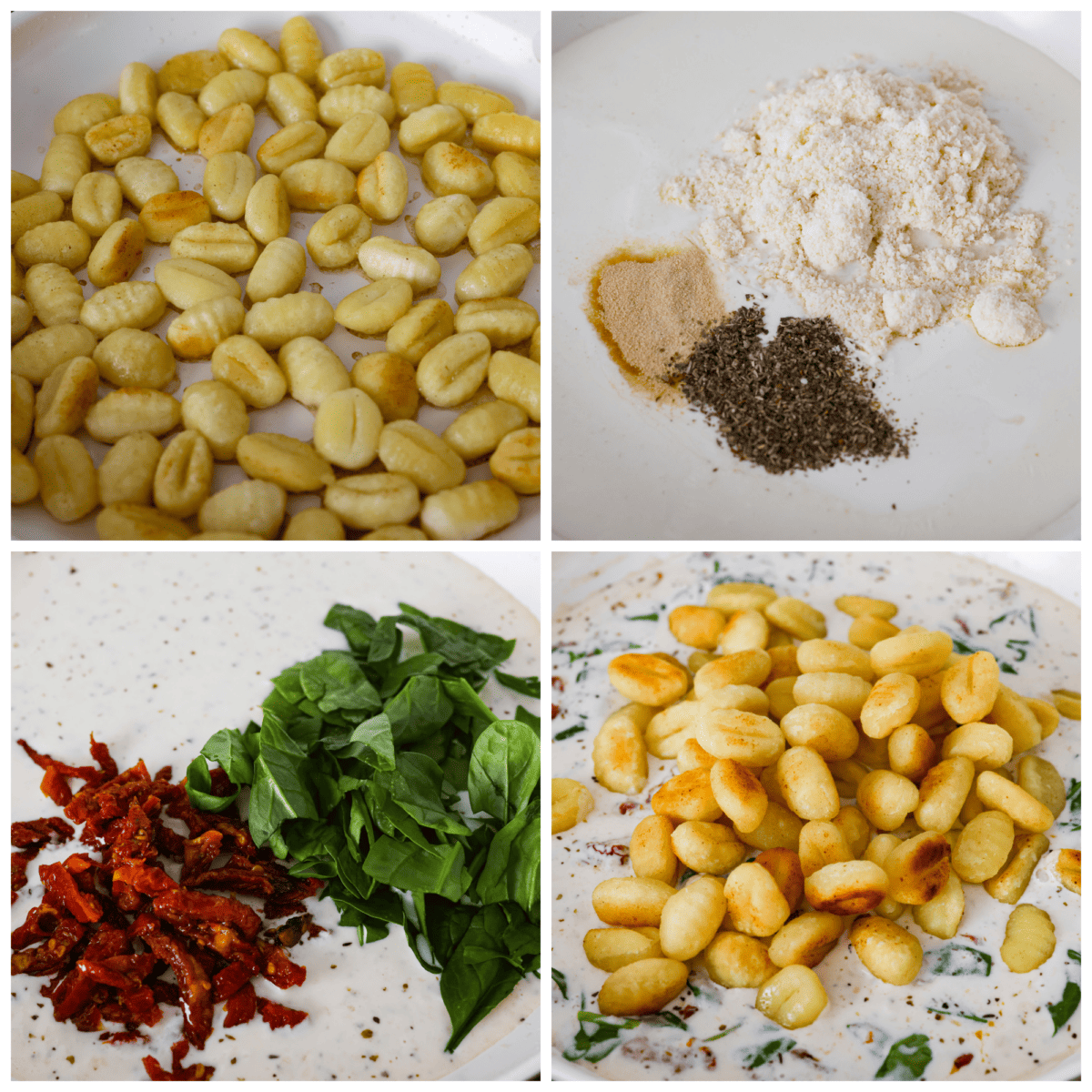 Kolaż składający się z 4 zdjęć przedstawiających gotowanie gnocchi i mieszanie składników sosu.