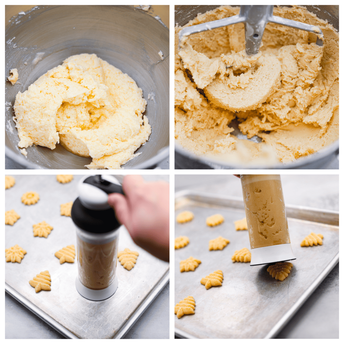 Kolaż składający się z 4 zdjęć przedstawiający przygotowywanie ciasta i przepuszczanie go przez prasę do ciastek.