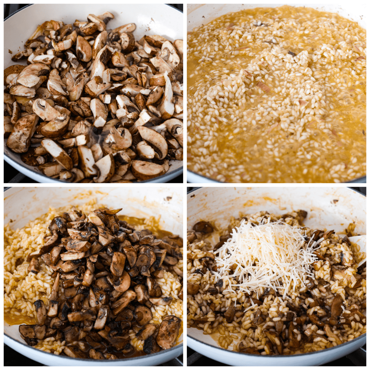Kolaż składający się z 4 zdjęć przedstawiających wspólne gotowanie grzybów i ryżu.