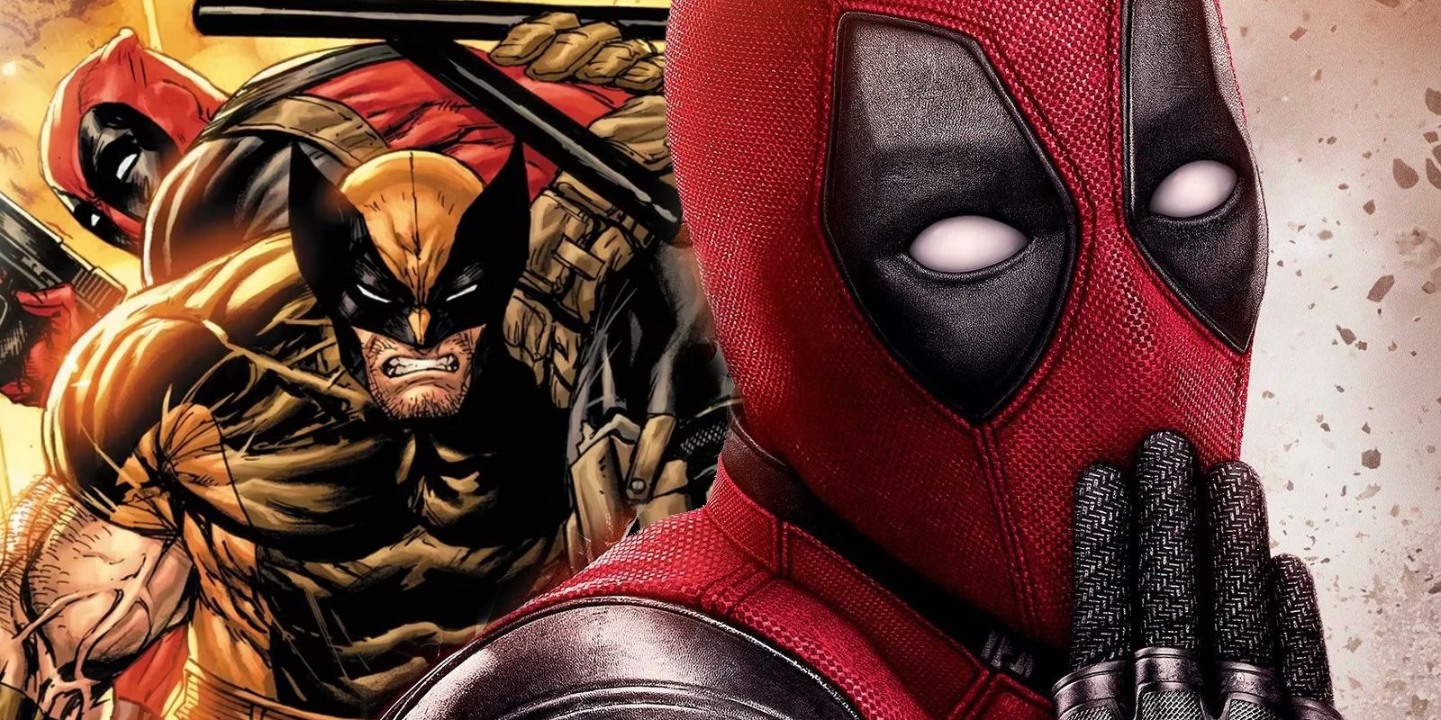 Podzielony obraz: Wolverine nosi Deadpoola w Marvel Comics;  Plakat filmu Deadpool