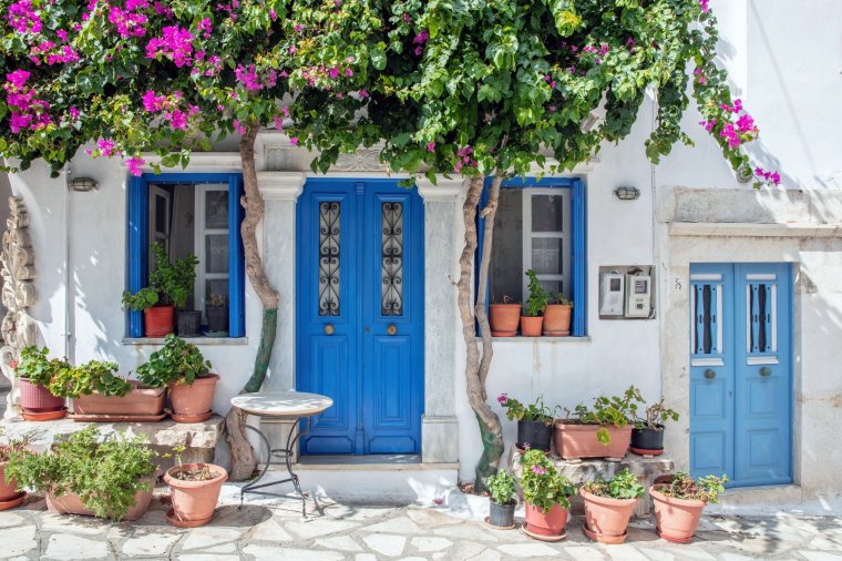 Grecja.  Wyspa sztuki Tinos, architektura Cyklad w wiosce Pyrgos, bugenwilla na bielonej ścianie, niebieskie drzwi i okna, słoneczny dzień.