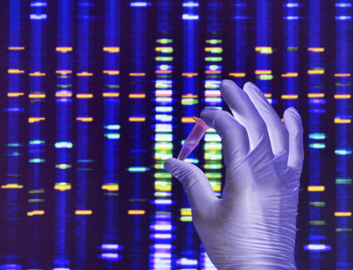 Naukowiec trzymający próbkę DNA z wynikami na ekranie komputera w laboratorium