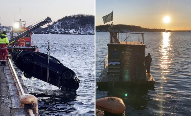 Tesla wpadła do norweskiego fiordu, zanim „wrzeszczący” pasażerowie zostali uratowani, mijając pływającą saunę