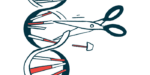 Ilustracja przedstawiająca parę nożyczek wplatających się w helisę DNA.