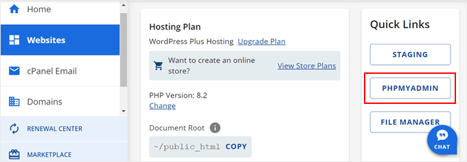 Przechodzenie do phpMyAdmin w Bluehost