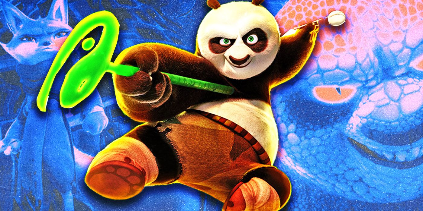 Po dzierży swoją laskę, a w tle Zhen i Chameleon Kung Fu Panda 4