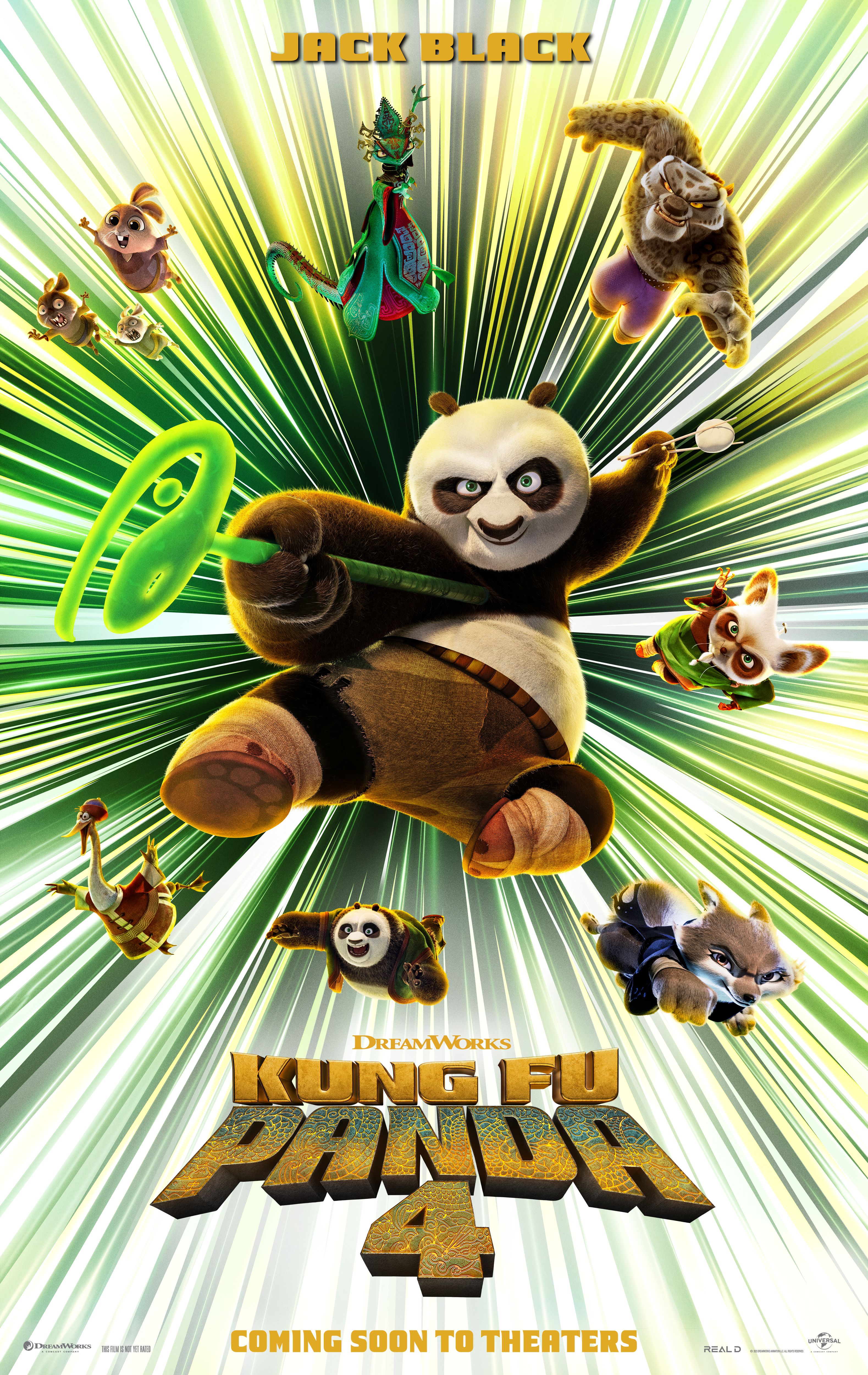 Plakat Kung Fu Panda 4 przedstawiający Po i postacie drugoplanowe latające w powietrzu