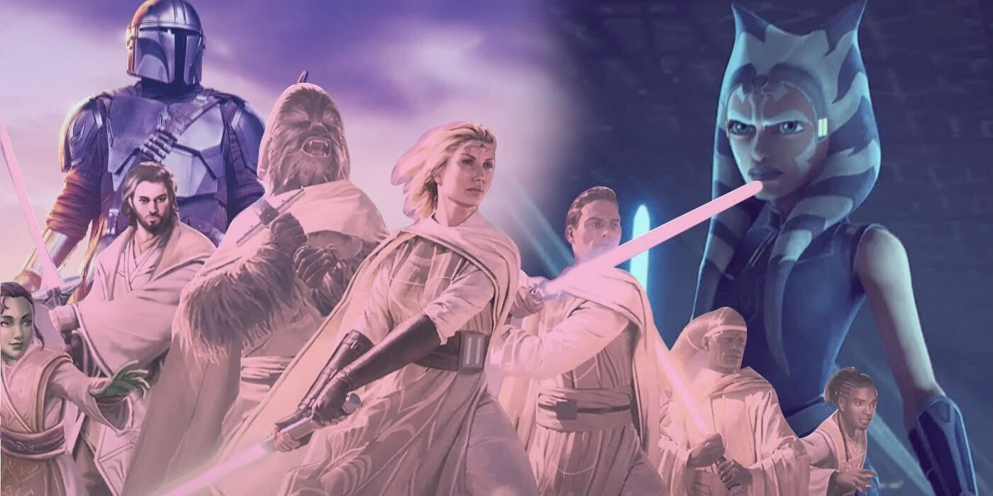 Zmieniony obraz Jedi Wysokiej Republiki dzierżącego miecze świetlne z Dinem Djarinem z The Mandalorian i Ahsoką