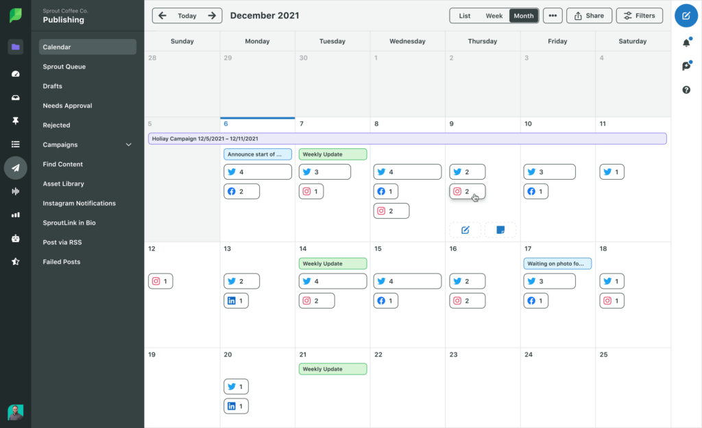Zrzut ekranu kalendarza publikacji w Sprout Social, na którym posty są rozłożone na każdy dzień w widoku miesięcznym.