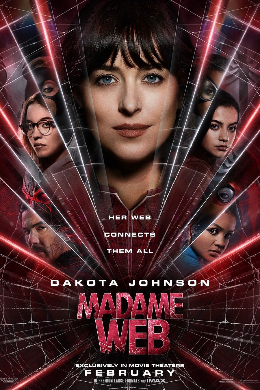 Plakat filmowy Madame Web z Sydney Sweeney jako Julia Carpenter, Isabela Merced jako Anya Corazon, Dakota Johnson jako Cassandra Webb, Celeste O'Connor jako Mattie Franklin i Tahar Rahim jako Ezekiel Sims