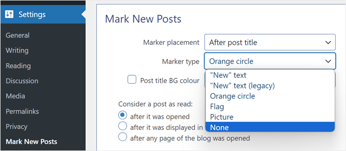 Wybór nowego typu znacznika postu we wtyczce Mark New Posts