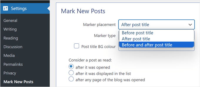 Wybór nowego umiejscowienia znacznika postu we wtyczce Mark New Posts