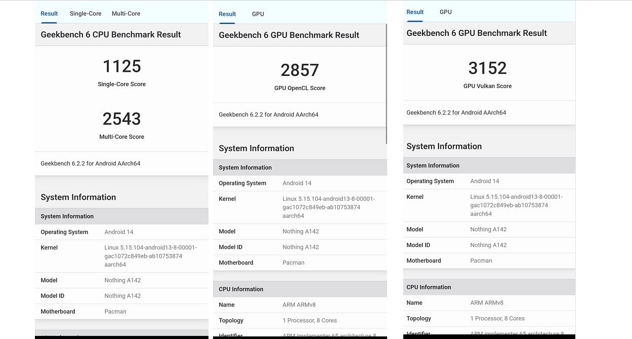 Wynik wydajności procesora i karty graficznej Nothing Phone (2a) w aplikacji wydajności Geekbench 6.0.