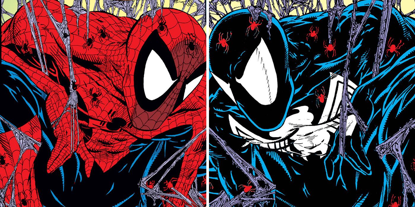 W Marvel Comics Spider-Man nosi swoje klasyczne czerwono-niebieskie i czarne kostiumy symbionta