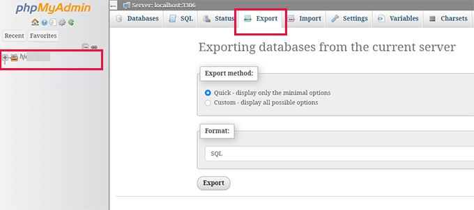 Eksport bazy danych phpMyAdmin