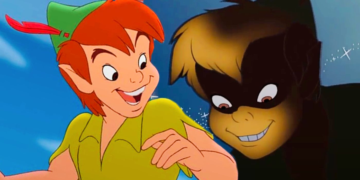 Połączony obraz przedstawia Piotrusia Pana w animowanej wersji Disneya, zarówno w jasnych kolorach, jak i w złowrogim cieniu