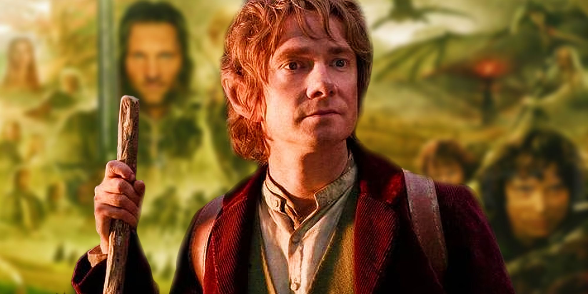 Bilbo Baggins z trylogii Hobbit nad zamazanym plakatem Władcy Pierścieni