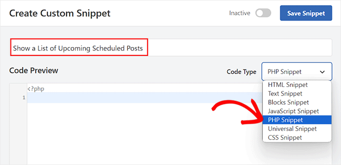 Wybierz opcję Fragment kodu PHP dla fragmentu kodu, aby wyświetlić listę zaplanowanych nadchodzących postów