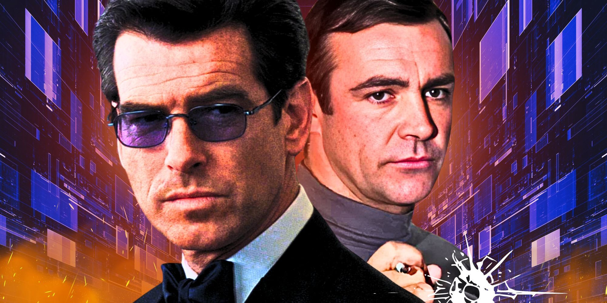 Niestandardowe zdjęcie przedstawiające Jamesa Bonda (Pierce Brosnan) w okularach rentgenowskich z filmu Świat to za mało i Jamesa Bonda (Sean Connery) używającego pistoletu papierosowego z filmu Żyje się tylko dwa razy.