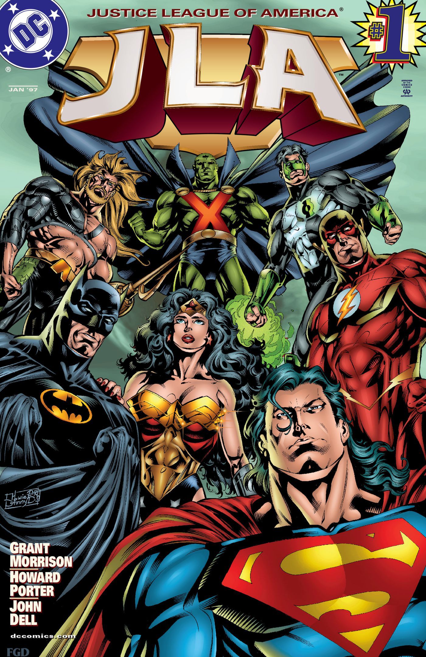Liga Sprawiedliwości pozuje razem na okładce Justice League of America 1
