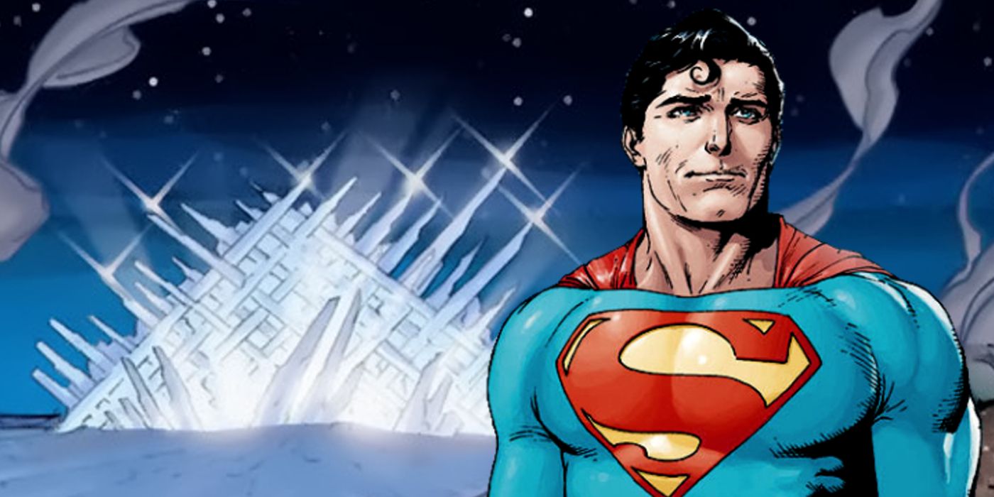 Rysunek Gary'ego Franka przedstawiający Supermana stojącego przy Fortecy Samotności