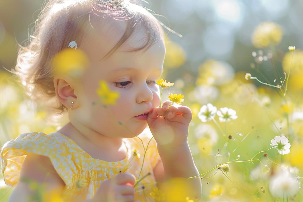 To pokazuje dziecko na polu kwiatów.