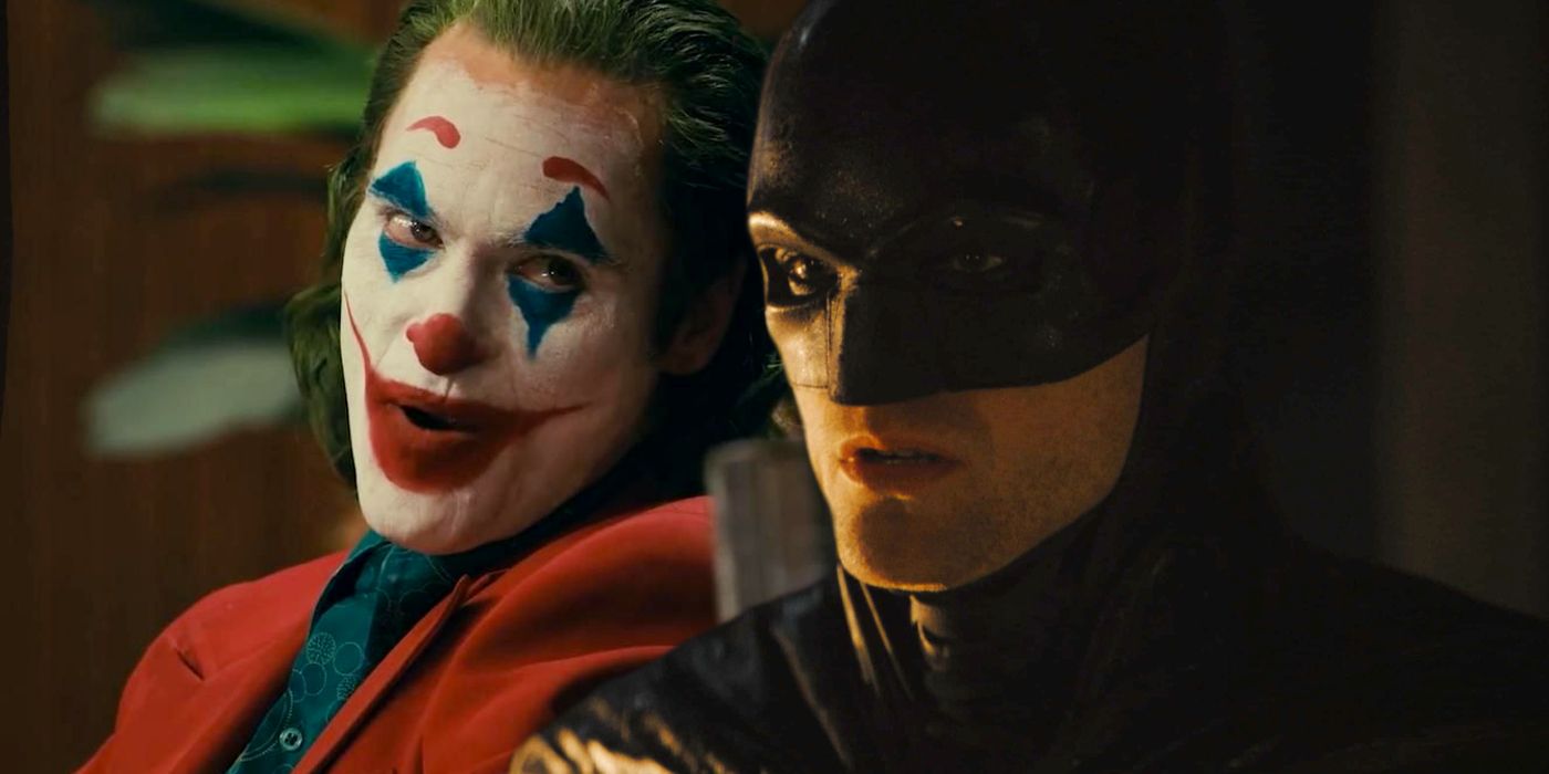 Podział obrazu przedstawiający Jokera Joaquina Phoenixa udzielającego wywiadu i Batmana Roberta Pattinsona wyglądającego poważnie-1