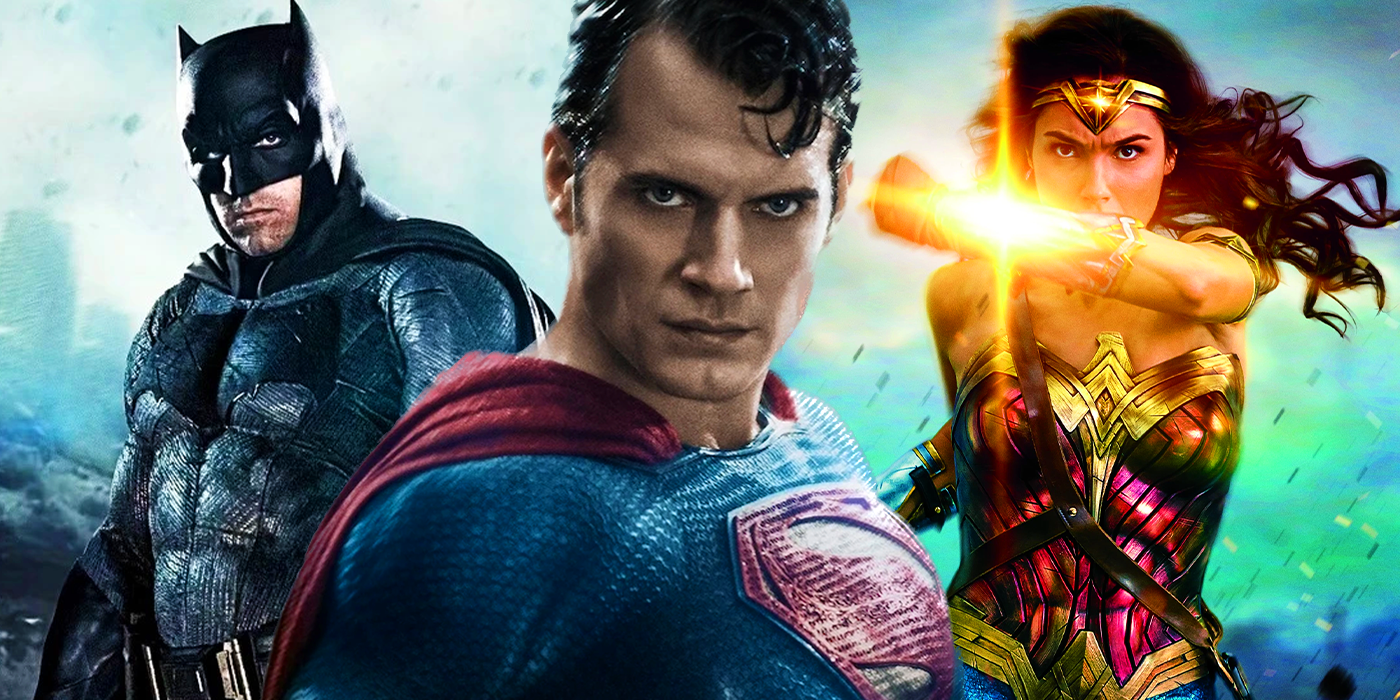 Henry Cavill jako Superman, Ben Affleck jako Batman i Gal Gadot jako Wonder Woman w DCEU