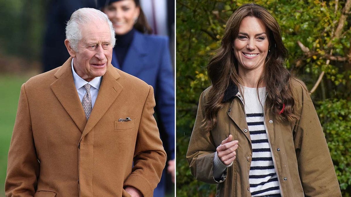 Członkowie rodziny królewskiej, król Karol i Kate Middleton, noszą dopasowane brązowe płaszcze