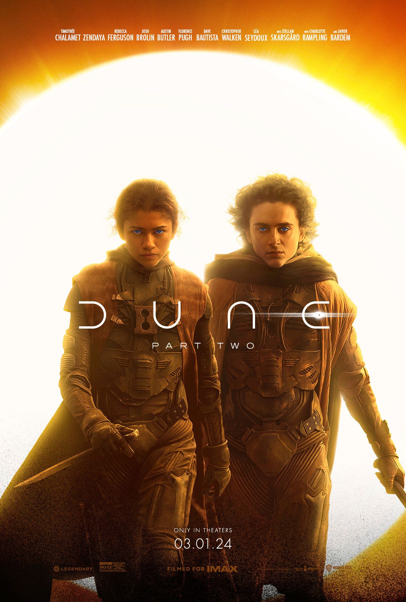 Plakat z części 2 Dune przedstawiający Timothee Chalameta w roli Paula Atrydy i Zendayę w roli Chani trzymającej sztylety