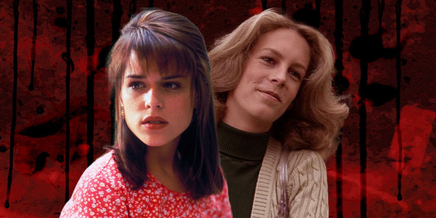 Charakterystyczne zdjęcie Final Girls, Neve Campbell i Jamie Lee Curtis na czerwonym tle z horroru.