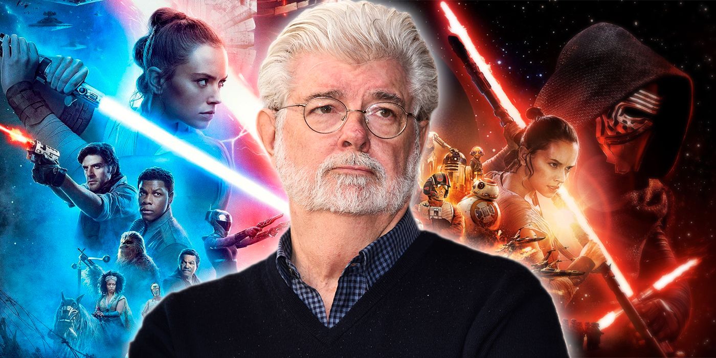 George Lucas przed plakatami Skywalkera Odrodzenia i Przebudzenia Mocy