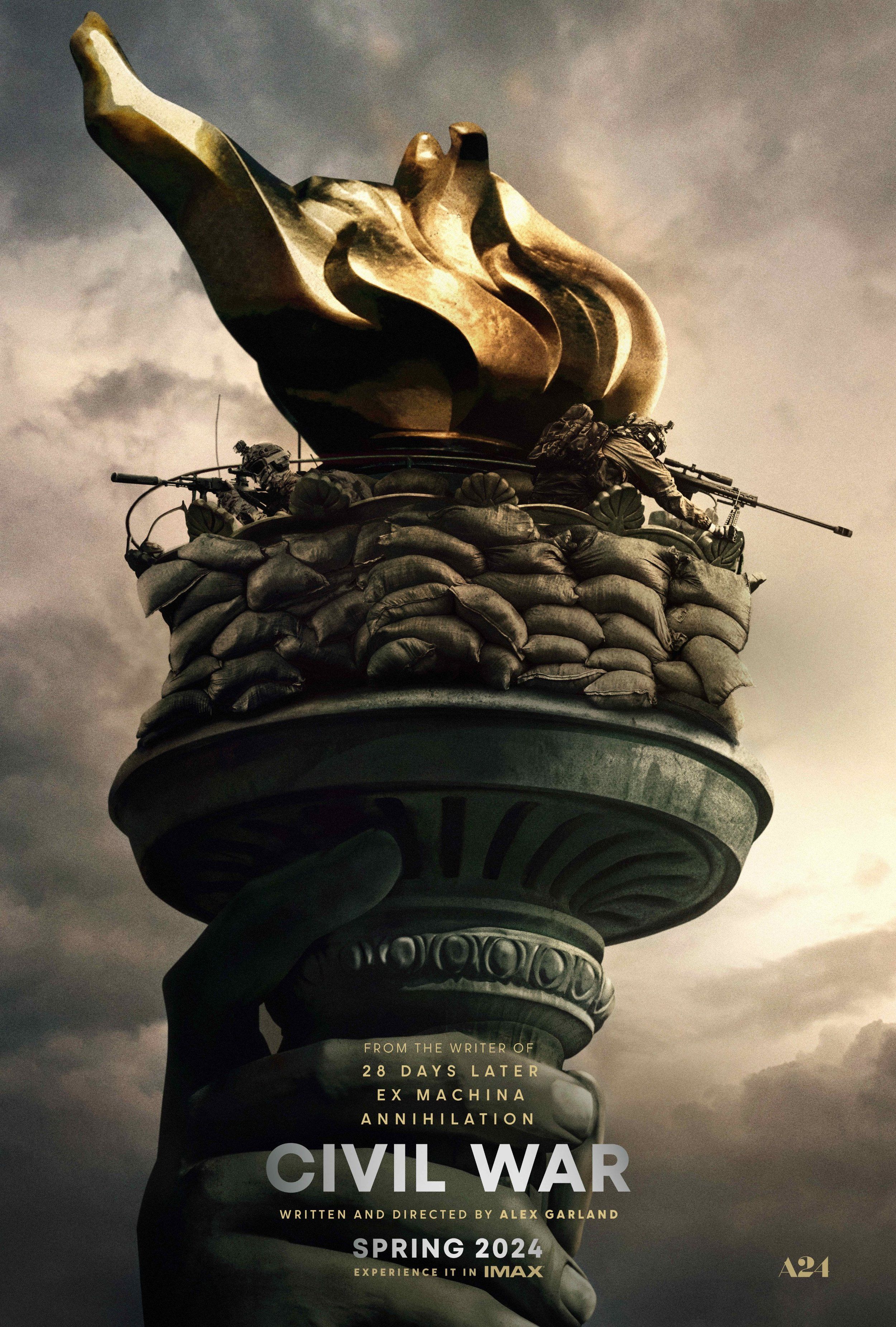 Plakat filmowy Civil War 2024 przedstawiający bojowników ze snajperami na szczycie Statuy Wolności