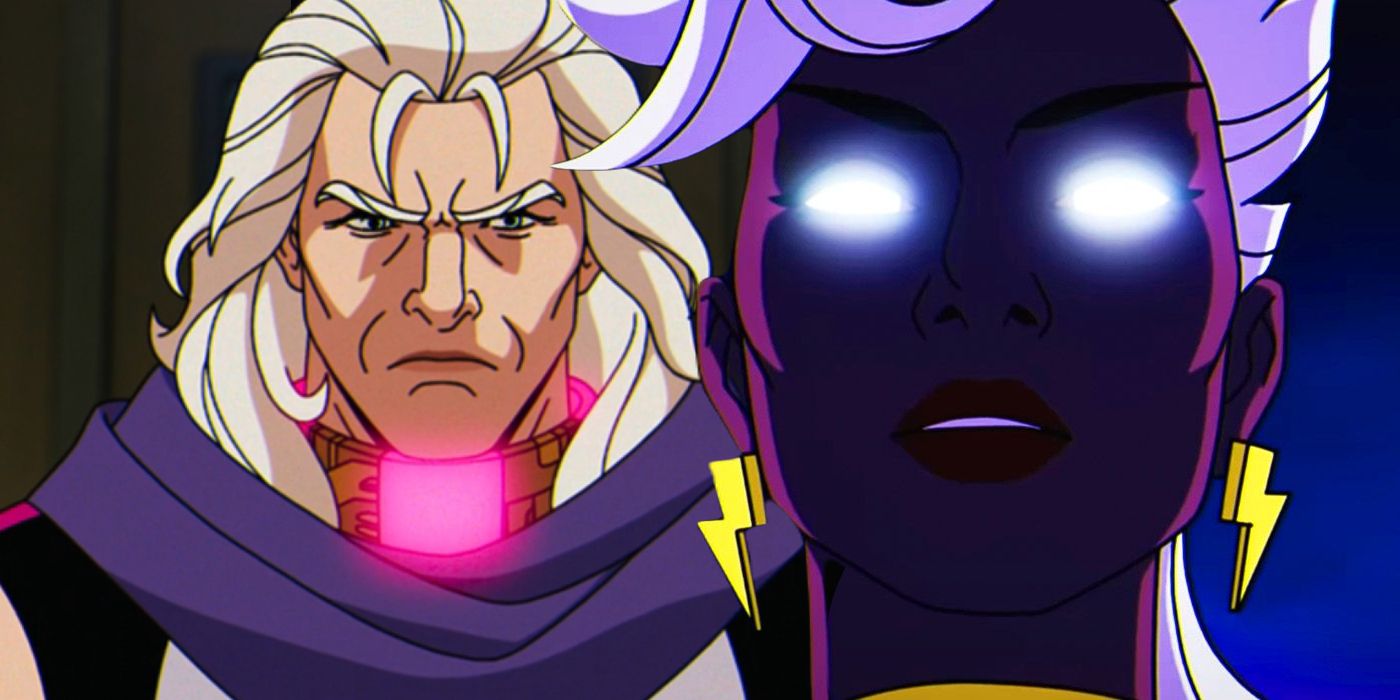 Podział obrazu Magneto w kołnierzyku i Storma ze świecącymi oczami w X-Men '97