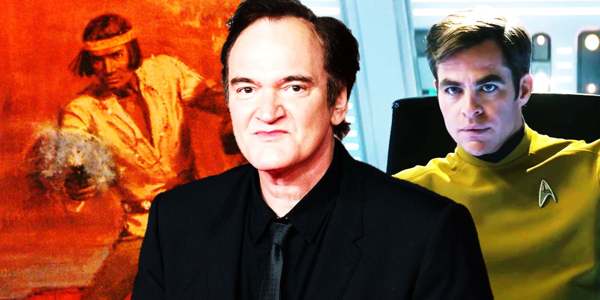 Kolaż Quentina Tarantino, Chrisa Pine’a w Star Trek i okładka Forty Lashes Less One