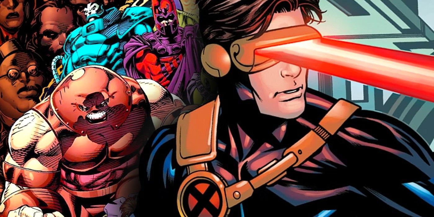 cyklop ze złoczyńcami z X-Men, w tym magneto-juggernautem apokalipsy i królem cieni