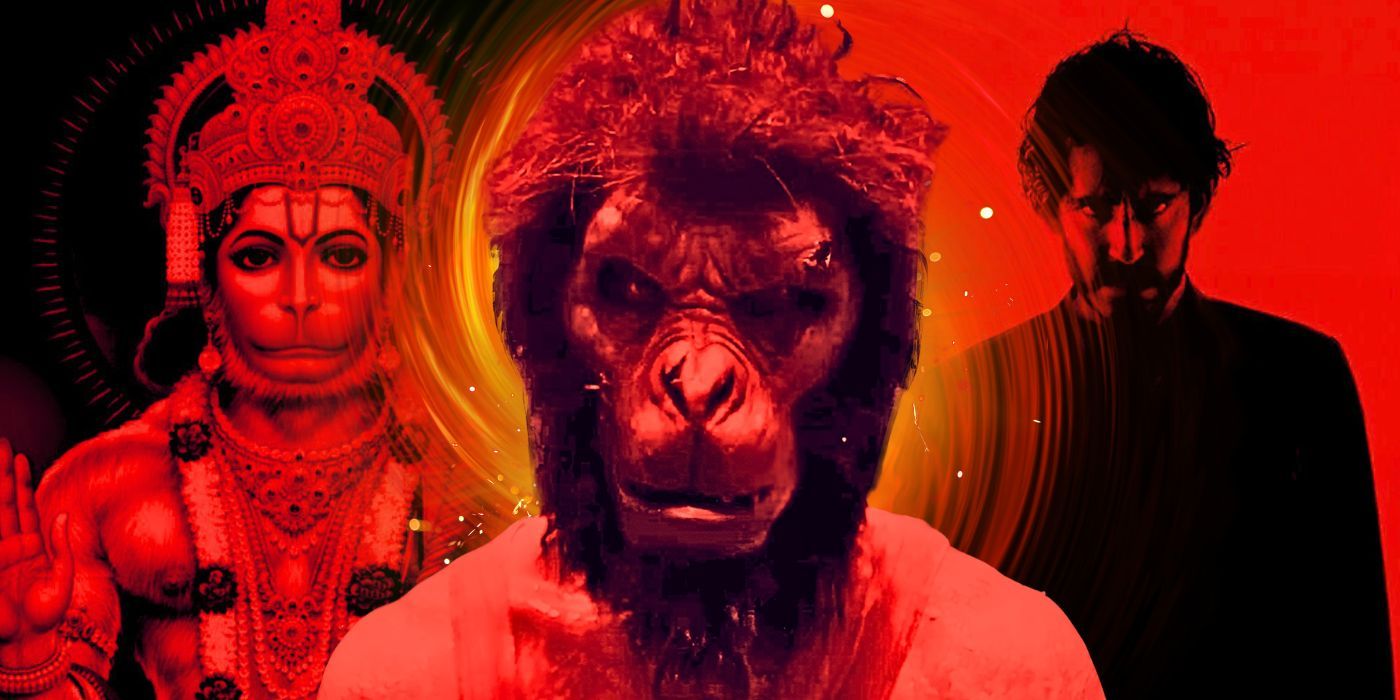 Złożony obraz Kida w małpiej masce nałożony na boga Hanumana i Kida stojącego na czerwonym tle z filmu Monkey Man