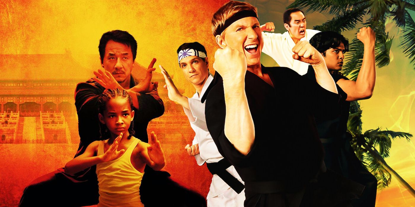 Połączone zdjęcie przedstawia gwiazdy Karate Kid 2010 Jackie Chana i Jadena Smitha oraz gwiazdy Cobra Kai Ralpha Macchio, Williama Zabkę, Xolo Mariduenę i Yuji Okumoto